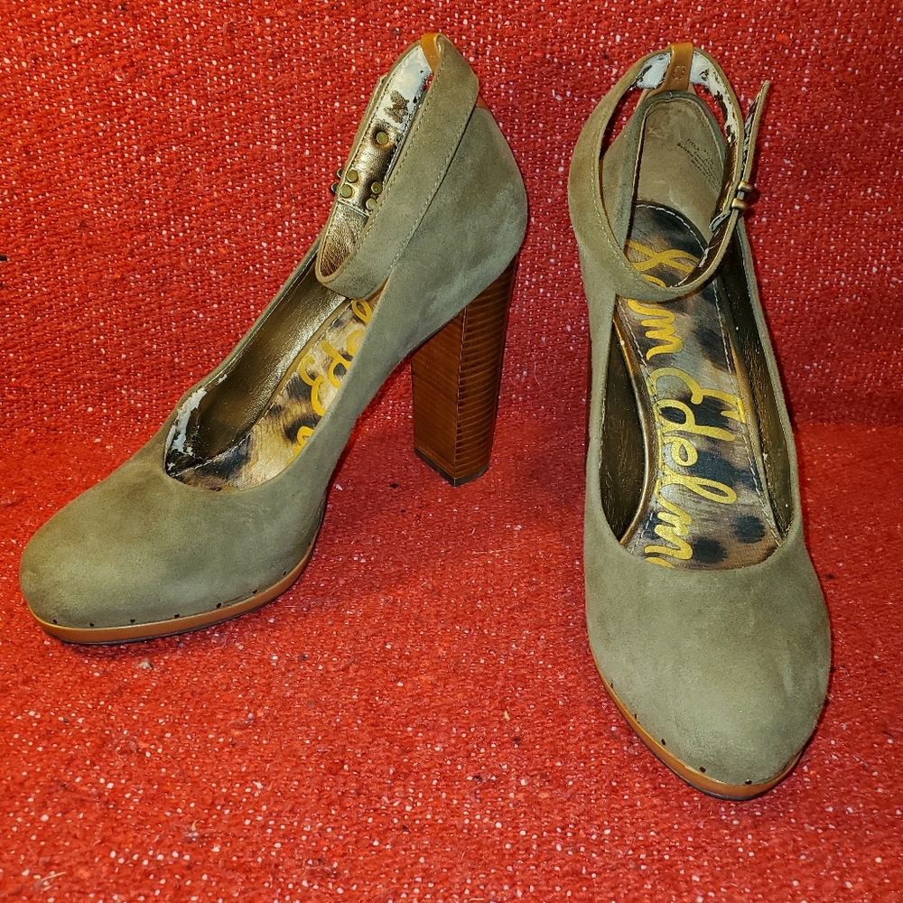 Sam Edelman olive green ankle strap platform thick heel pumps.